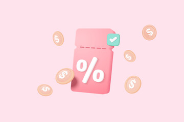 online shopping tag price 3d render vector, discount coupon of money for future use. sales with an excellent offer 3d for shopping online, Special offer promotion on price tags on pink background - obrazy, fototapety, plakaty