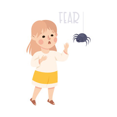 Little Girl Showing Fear Sense Standing Near Spider Vector Illustration