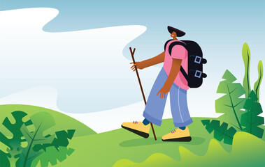 Trendy flat character of a cheerful hiker walking outside with a backpack and a stick, against the background of green plants and nature, illustration, copy space