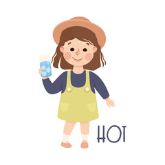 Little Sweaty Girl Showing Sense Standing in Hot Weather with Glass of Cool Water Vector Illustration