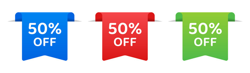50% off banner ribbon on white background. Sale discount concept