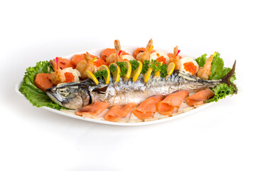 Seafood appetizers on a white background. Sandwiches with a game, a tartlet appetizer with sauce and red caviar, sliced red salmon fish and cream sauce with scrambled eggs.