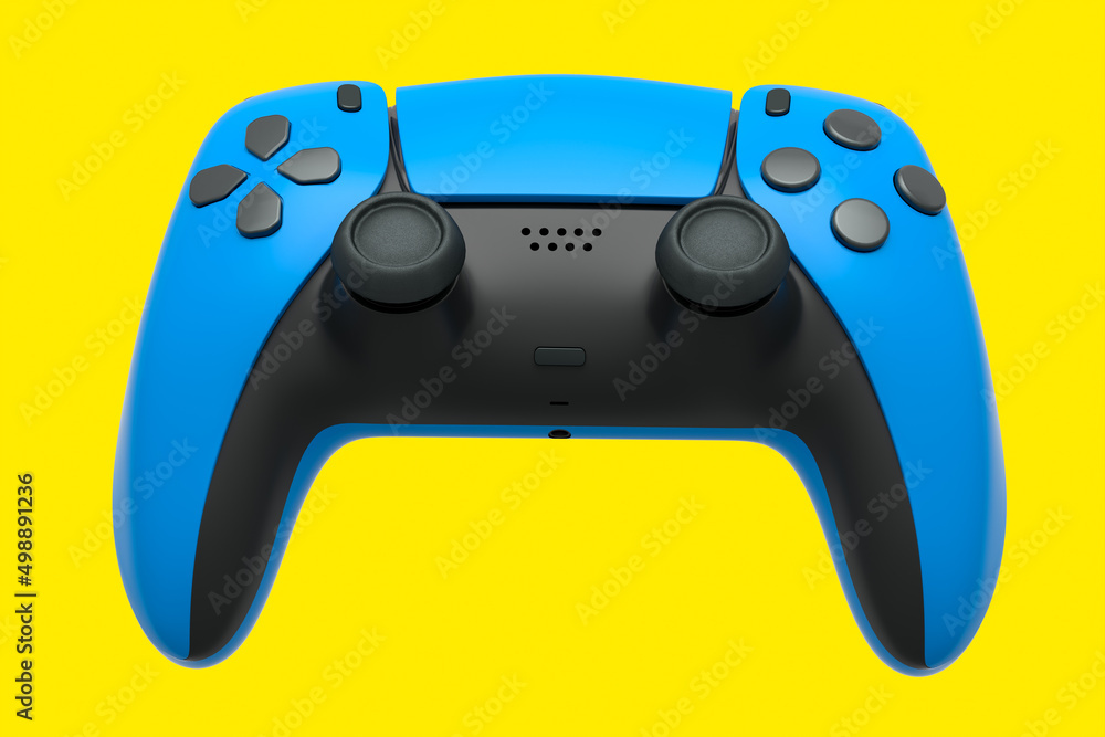 Poster realistic blue joystick for video game controller on yellow background