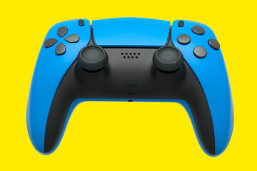 Realistic blue joystick for video game controller on yellow background