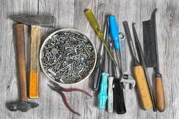Tools on wood background