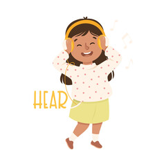 Little Girl Showing Hear Sense Standing with Headphones and Listening to Music Vector Illustration