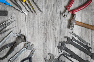 Tools on wood background