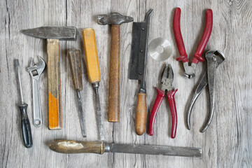 Tools on wood background