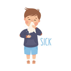 Little Boy Showing Sense of Sickness Suffering from Flu Having Runny Nose Vector Illustration