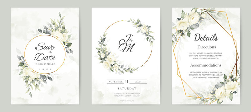 Flower wedding invitation card template set white rose flower and gold frame 