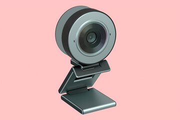 Web camera on stand for online video chat and conference on pink background