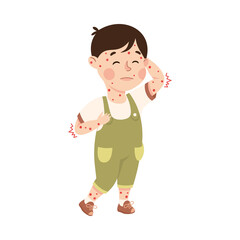 Sick Little Boy Feeling Unwell Suffering from Chicken Pox Vector Illustration