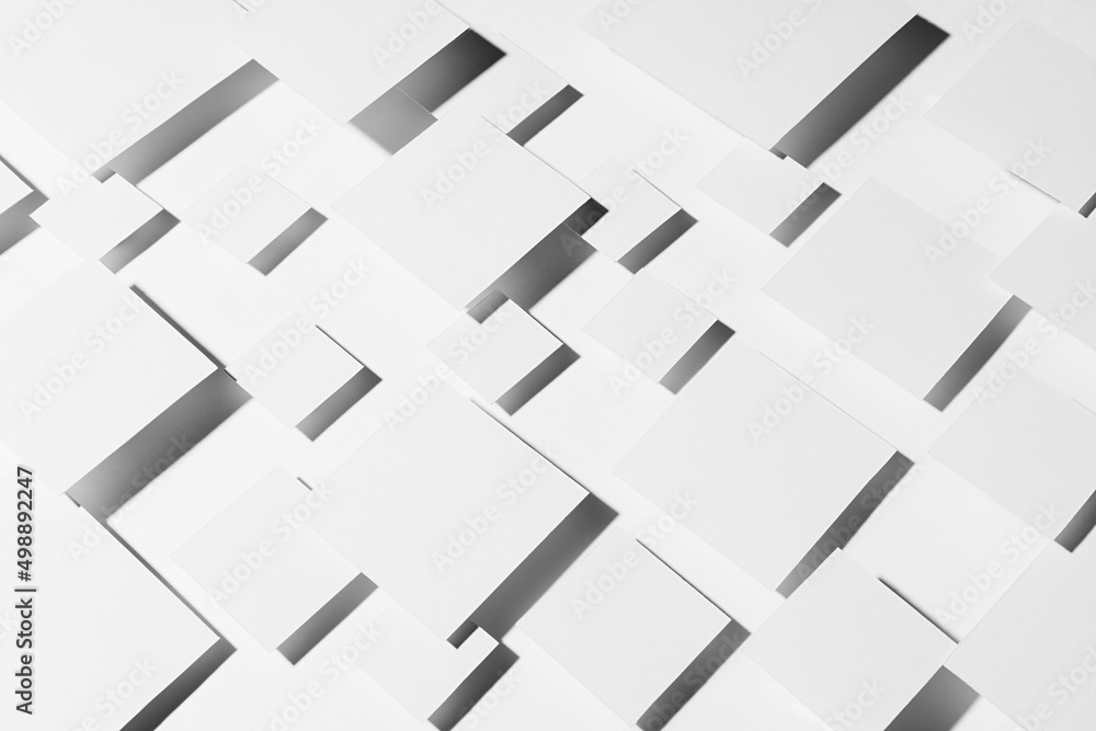 Poster white geometric background of fly rhombuses in hard light with strict gradient dark shadows, top vie