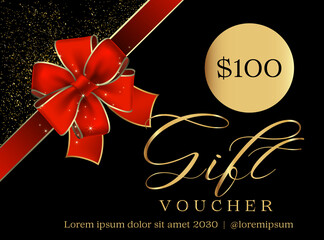 100 Dollar Gift Voucher Template. Gift Voucher Template Promotion Sale discount, Gold background, Voucher, Gift certificate, Coupon template.