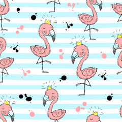 Seamless pattern with cute flamingo princesses on striped background. Summer motifs. Vector