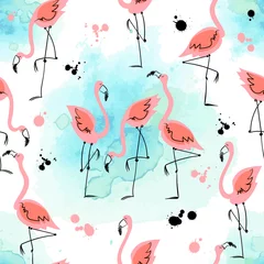 Papier Peint photo Flamingo Seamless pattern with flamingos on a watercolor background. Summer motifs. Vector