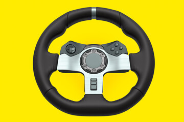Realistic leather steering wheel isolated on a yellow background.
