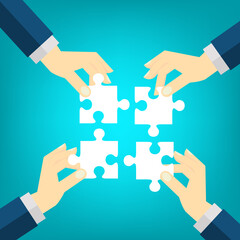 Teamwork business concept. People connecting puzzle elements. Vector illustration 
