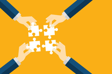 Teamwork business concept. People connecting puzzle elements. Vector illustration 