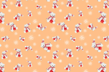 Seamless pattern with a toy bear on a beige background.
