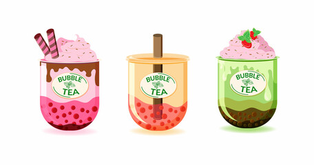 A set of different types of tea. Flat style painted elements. Fancy drinks. Green tea, matcha milk, cacao brownie and fruity, consisting of mixed fruit flavors, fresh strawberry.