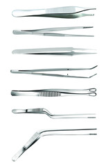 Set of tweezers. Long serrated angled tweezers, anatomical forceps, dental straight surgical pincers, curved tweezers, bayonet pincette, tumor grasping forceps, microsurgical tweezers. Vector