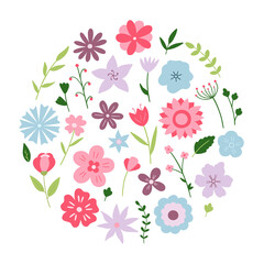 Hand drawn set of flowers and branches. Floral and herbal elements in cartoon style. Vector illustration isolated on white background.