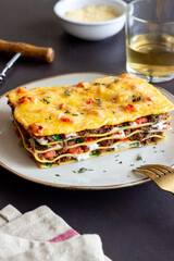 Italian lasagna with meat, cheese and vegetables. Italian food.