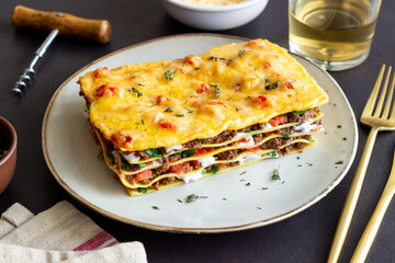 Italian lasagna with meat, cheese and vegetables. Italian food.