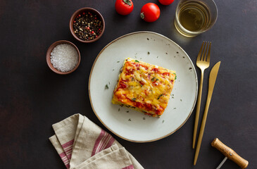 Italian lasagna with meat, cheese and vegetables. Italian food.
