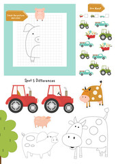 Farm Activity pages for kids. Printable activity sheet with mini games – coloring, spot differences, how many game. Vector illustration.