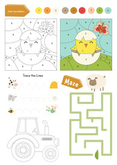 Farm Activity pages for kids. Printable activity sheet with mini games – coloring, trace the lines, maze game. Vector illustration.