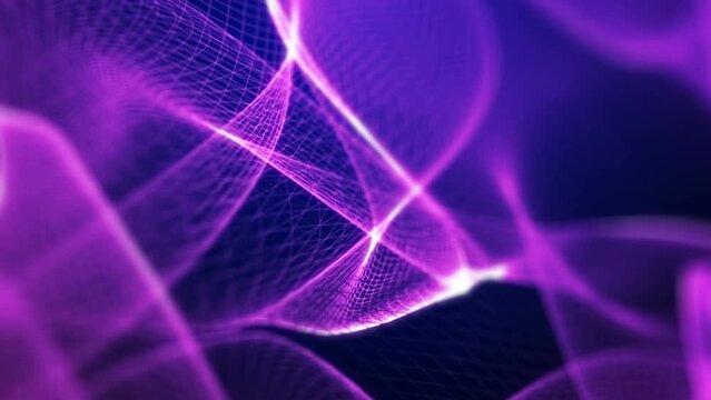 Abstract futuristic blue purple blurred mesh pattern as flowing waves motion. Animated seamless modern video loop decorative fractal background template.