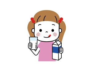 グラスに注いだ牛乳をおいしそうに飲んでいる女の子