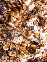 Frozen Hazelnut flavour gelato - full frame detail. Close up of a white creamy surface texture of Ice cream covered with pieces of nuts.