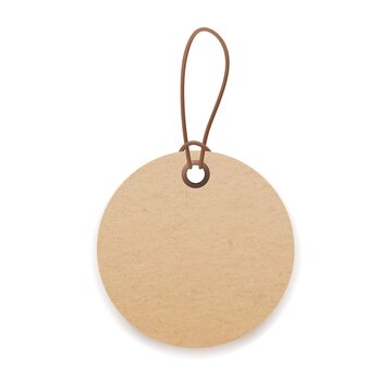 Craft cardboard label with loop and cord. Round kraft paper price tag mockup. Blank circle card hanging on string, twine. Beige badge on rope. Vector illustration isolated on white background
