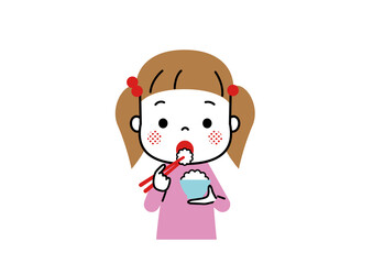 大きなお口を開けてお茶碗のごはんをお箸で口に運ぶ女の子