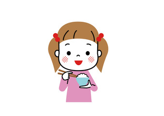 山盛りごはんの入ったお茶碗を前に笑顔の女の子　お米大好き