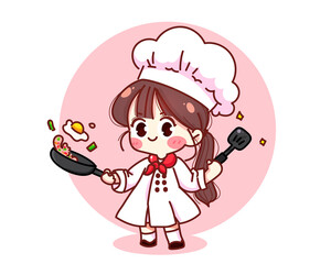 Cute chef cooking restaurant logo cartoon character art illustration