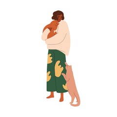 Happy woman with feline animals. Cat lover and cute home kitties. Pet owner and sweet lovely kittens communication, interaction with love. Flat vector illustration isolated on white background © Good Studio