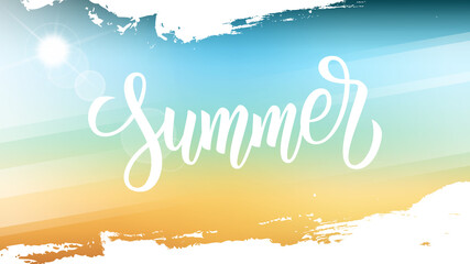 Summertime background with hand drawn lettering, summer sun and white brush strokes for your season graphic design. Hot Sunny Days. Vector illustration. - obrazy, fototapety, plakaty