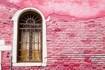Shabby window and pink brick wall grunge texture background