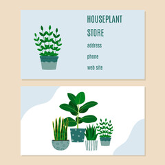 Houseplant store bisiness card. Florarium, home garden, greenhouse, gardening, potted plant concept