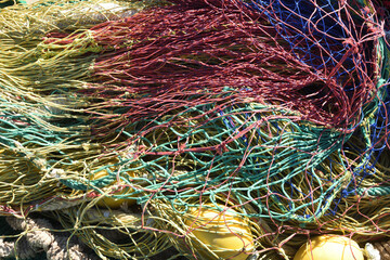 close up of a colorful of a fishing net
