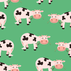 Seamless pattern of cows grazing in a meadow on a green background.Vector pattern can be used in textiles, in designs of dairy products.
