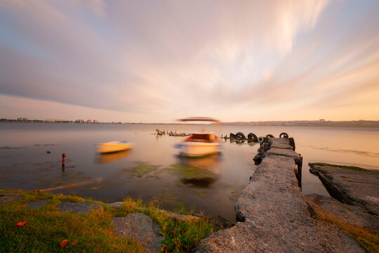 View from Kanarya shore on Kucukcekmece lake. Lake Kucukcekmece is a lagoon located in the European portion of Istanbul Province, northwestern Turkey.