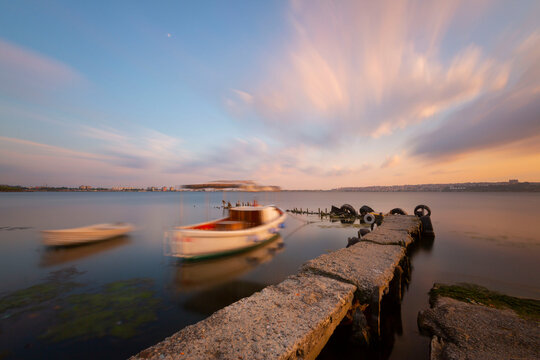 View from Kanarya shore on Kucukcekmece lake. Lake Kucukcekmece is a lagoon located in the European portion of Istanbul Province, northwestern Turkey.