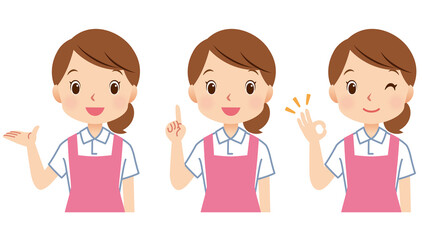 エプロンをつけた女性 介護士 スタッフ 表情セット