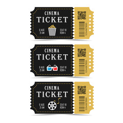 Naklejka premium Realistic cinema tickets. In black, gold colors. Stylish cinema tickets