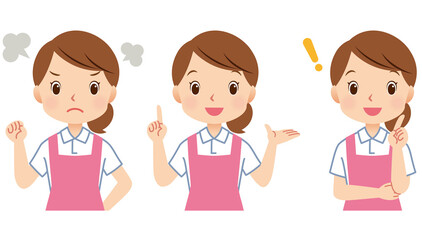 エプロンをつけた女性　介護士　スタッフ　表情セット